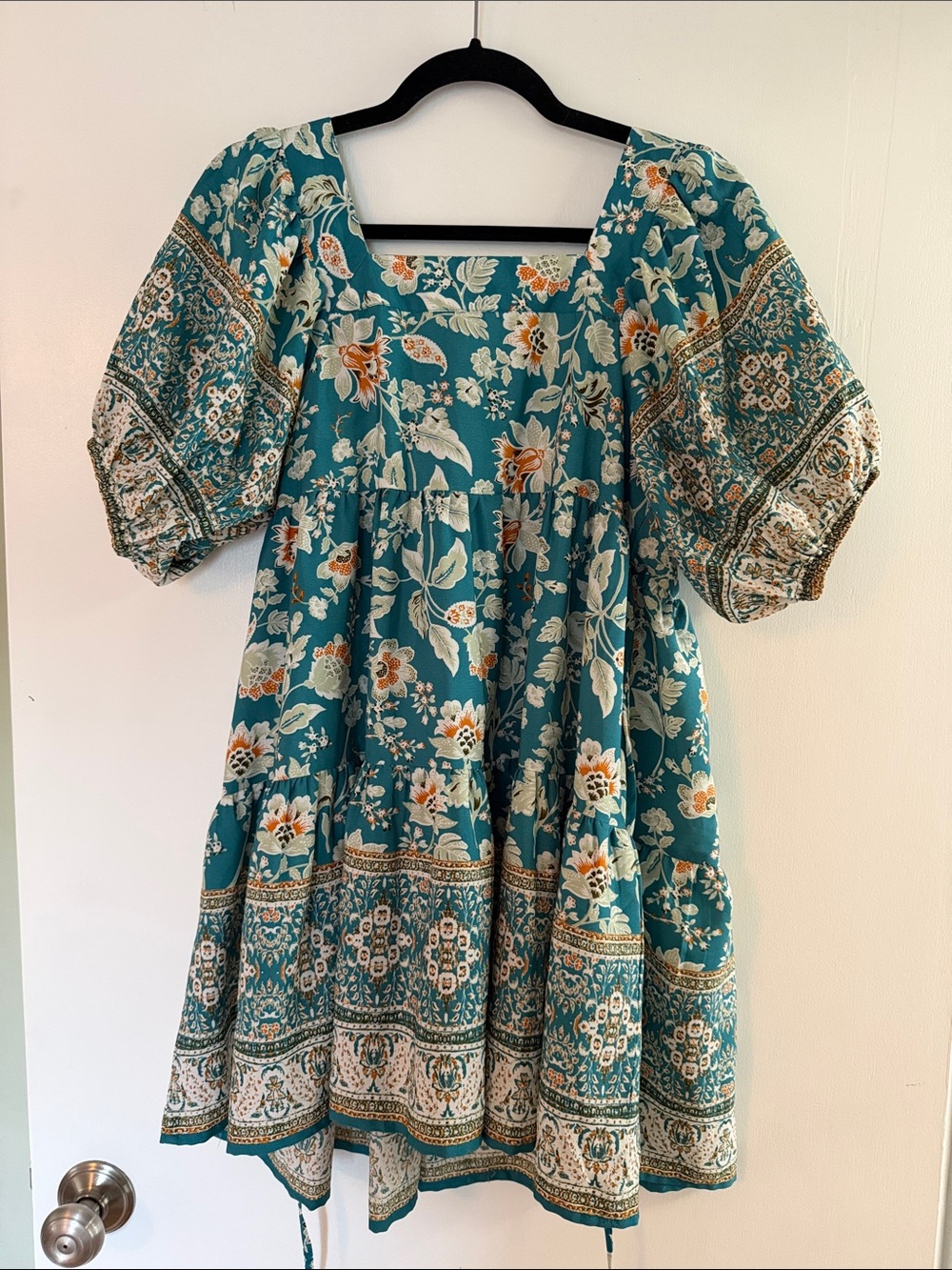 Teal Floral Puff-Sleeve Mini Dress